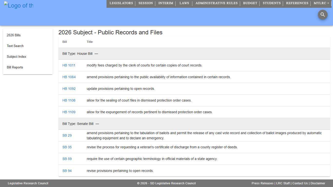2026 Subject Index - Public Records and Files | South Dakota Legislature